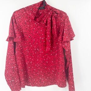✅ Zara Printed Red Satin Blouse with‎ Hearts and Bow Tie SIZE SMALL